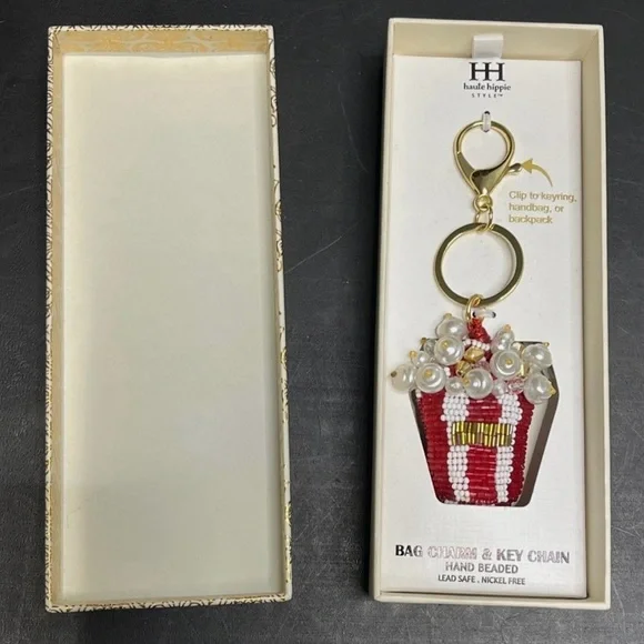 NEW Haute Hippie Popcorn Bucket Purse Charm/Keychain. Hand beaded. - Picture 2 of 4